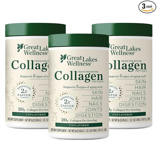 Great Lakes Wellness Collagen Peptides Powder for Skin, Hair, Nails, Joints & Digestion - Unflavored - Quick Dissolve Hydrolyzed, Non-GMO, Keto, Kosher - 16 oz - 3 Pack - Packaging May Vary
