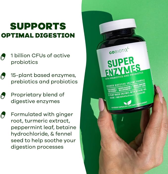 GOBIOTIX Digestive Enzymes Supplement with Prebiotics and Probiotics for Women and Men - Gut Health, Gluten Digestion, Lactose Absorption, Plant Based Dietary Pills - 120 Capsules