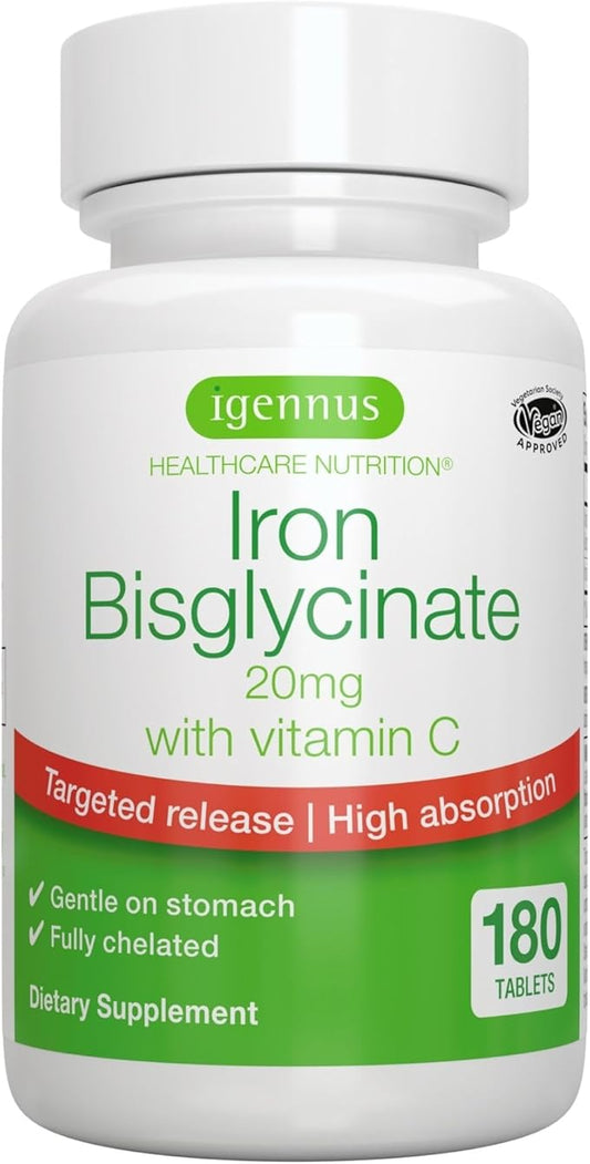 High Absorption Chelated Iron Bisglycinate 20mg with Vitamin C, 6 Month Supply, Gentle Formula, Clean Label & Targeted Release, One Daily, Vegan, 180 Tablets, by Igennus