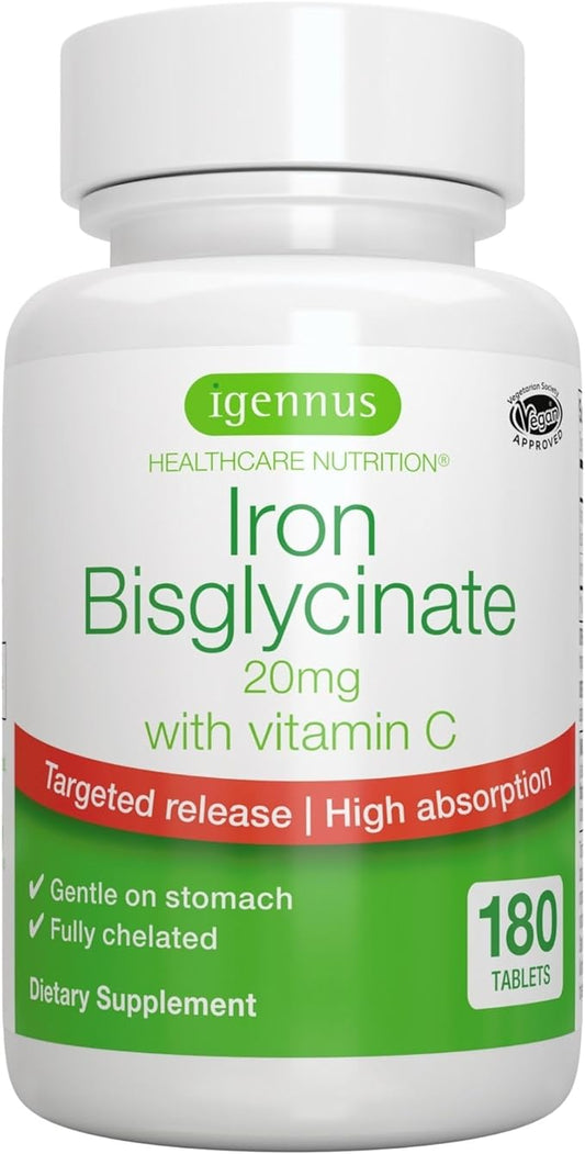 High Absorption Chelated Iron Bisglycinate 20mg with Vitamin C, 6 Month Supply, Iron, Gentle Formula, Clean Label & Targeted Release, for Women and Men, One Daily, Vegan, 180 Tablets, by Igennus