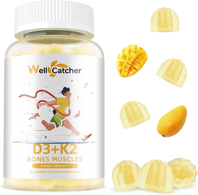 Vitamin D3 K2 Gummies - Vitamin D3 5000 IU K2 (MK-7) 120mcg Supplements with Vitamin B Complex Sugar Free for Adults Supports Bone Teeth Strength Immune Mango Flavor 60 Counts 1 Pack