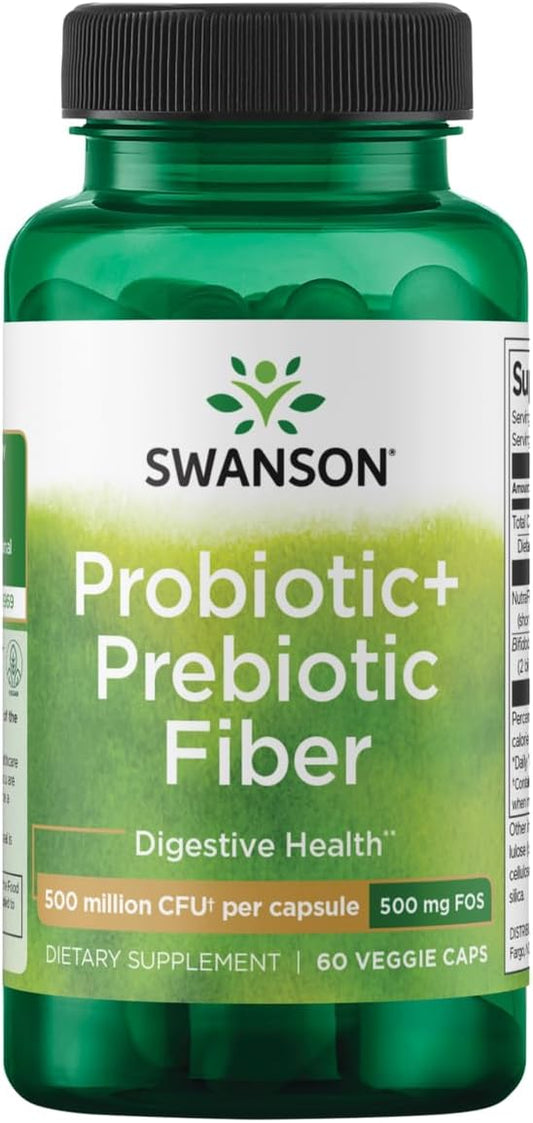 Swanson Prebiotic + Probiotic Fiber - Natural Supplement Promoting Digestive System & Immune Health Support - Aids Regularity & GI Tract Health - (60 Capsules, 500 Million CFU Each)