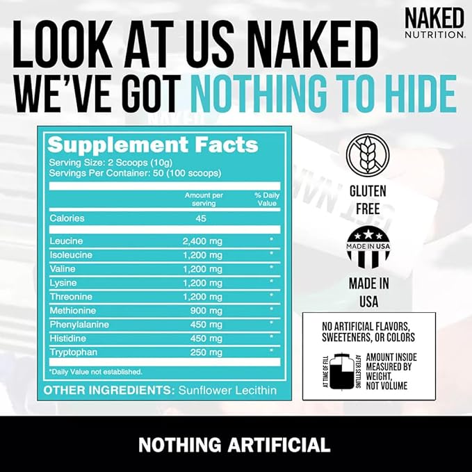 Naked Eaas Amino Acids Powder - 50 Servings - Vegan Unflavored Essential Amino Acids 500 Grams - Instantized All Natural Eaa Powder Supplement