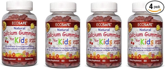 Coral Calcium Vitamin D3 Kids Gummy, Natural Cherry Flavor, Non GMO, Gluten-Free, Dairy-Free, Soy-Free and Gelatin Free - 300 mg of Calcium, and 800 IU of Vitamin D3-60 Gummies (4 Pack)