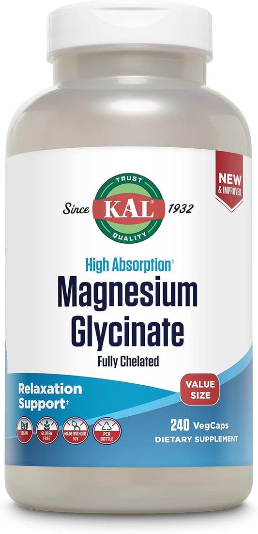 KAL Magnesium Glycinate, New & Improved Fully Chelated High Absorption Formula with BioPerine, Bisglycinate Chelate for Stress, Relaxation, Muscle & Bone Health Support, 60 Servings, 240 VegCaps