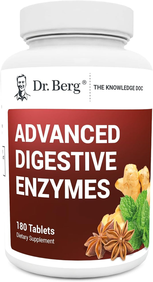 Dr. Berg Advanced Digestive Enzymes with Apple Cider Vinegar - Includes Digestive Health Ingredients Like Betaine Hydrochloride (HCI), Ginger Root & Peppermint Leaf - 180 Tablets