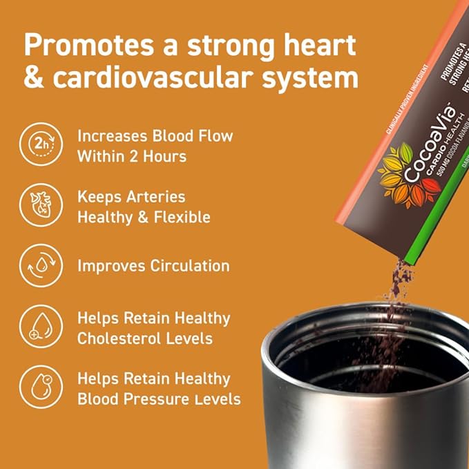 CocoaVia Cardio Health Cocoa Powder, 15 Single Serve Sticks, 500mg Cocoa Flavanols, Support Heart Health, Boost Nitric Oxide, Improve Circulation, Energy, Preworkout, Travel-Friendly, Vegan, Cacao
