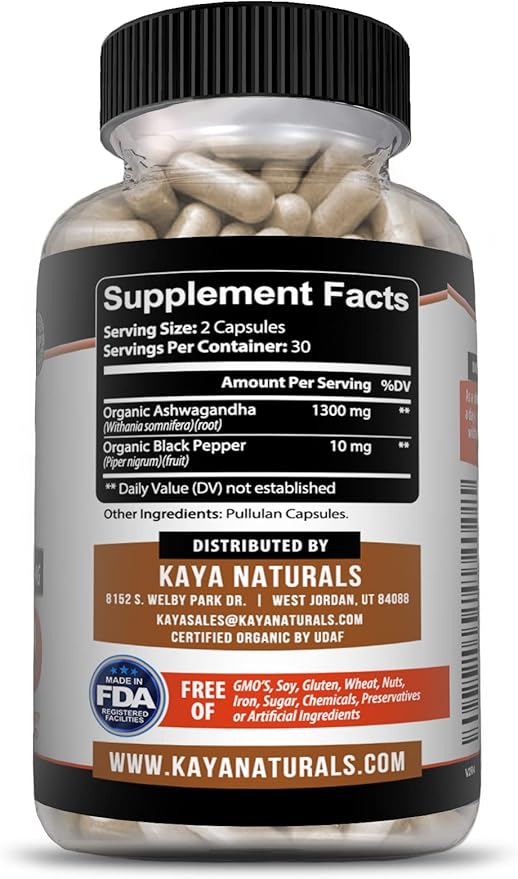 Kaya Naturals Organic Ashwagandha Capsules Extra Strength - Stress Relief Formula, Natural Mood Support, Stress, Focus, and Energy Support Supplement, 60 Capsules