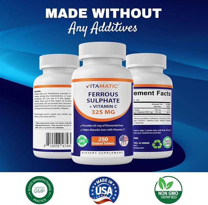 Vitamatic Ferrous Sulphate 325 mg + Vitamin C 100 mg - (65 mg Elemental Iron) High Potency Iron Supplement | No Artificial Color Additives - 250 Coated Tablets - Made in USA