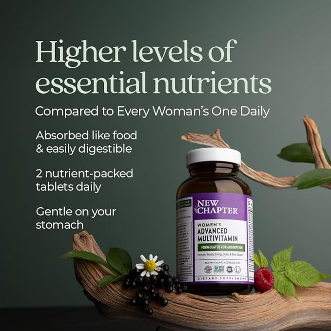 New Chapter Women's Multivitamin Advanced Formula for Stress, Bone, Immune, Beauty & Energy Support, Higher Levels of Whole-Food Fermented Essential Nutrients for Women + Iron + Vitamin D3, 120 Count