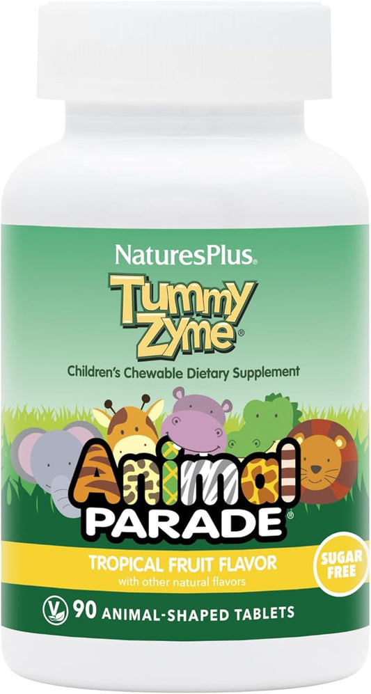 NaturesPlus Animal Parade Tummy Zyme Children’s Chewable, Tropical Fruit Flavor - 90 Animal-Shaped Tablets - Contains Live Probiotics - Vegetarian, Gluten Free, Sugar Free - 90 Servings