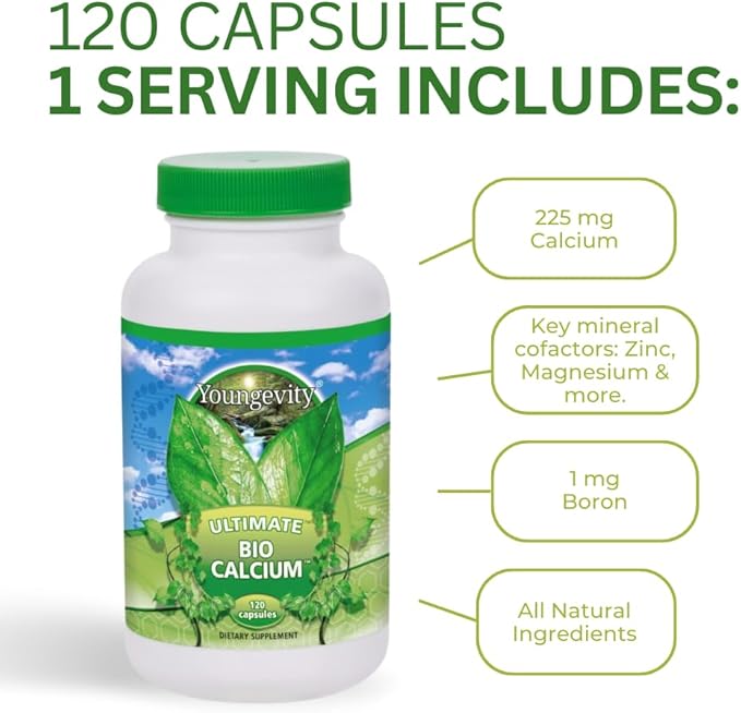 Youngevity Bio Calcium™ - Bioavailable Chelated Calcium + Magnesium, Zinc, Copper, Potassium, Boron - Absorbable Bone Support Supplement - (120 Capsules)