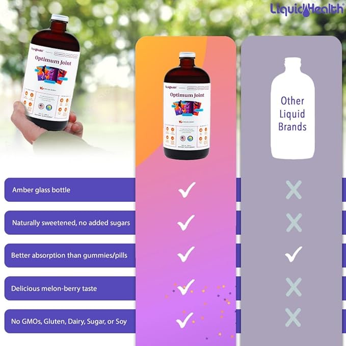 LIQUIDHEALTH Optimum Joint Support Supplement with Glucosamine Chondroitin MSM Hyaluronic Acid - Triple Strength Liquid Vitamins, Gluten-Free, Sugar-Free, Dairy-Free, Soy-Free Joint Juice (4pack)