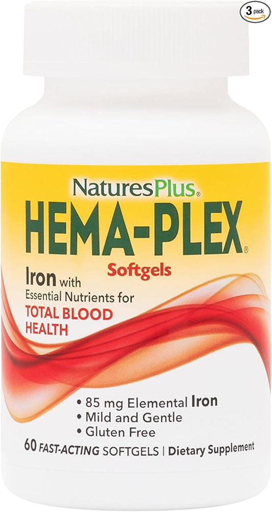 NaturesPlus Hema-Plex Iron - 60 Fast-Acting Softgels - 3 Pack - 85 mg Iron + Vitamin C & Bioflavonoids for Healthy Red Blood Cells - Vegan, Gluten Free - 60 Total Servings