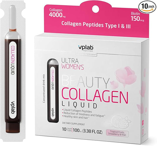 VPLab Ultra Women's Beauty Liquid Collagen - Biotin-Infused Multivitamin Complex with Peptides Type I & III Supplement for Skin, Hair & Nails - Drink Mix for Women Packed with Vitamin B Group,10