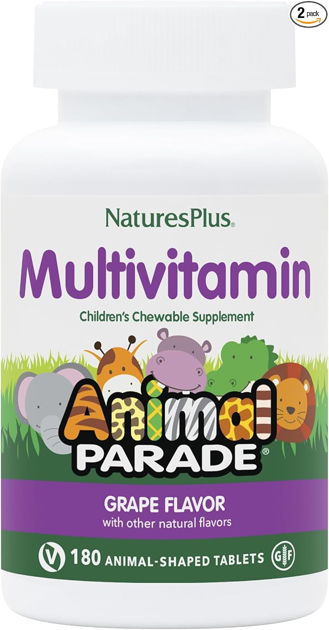 Natures Plus Animal Parade Children's Chewable Multivitamin - Grape Flavor - 180 Animal-Shaped Tablets, Pack of 2 - Promotes Health & Well-Being - Vegetarian, Gluten Free - 180 Total Servings