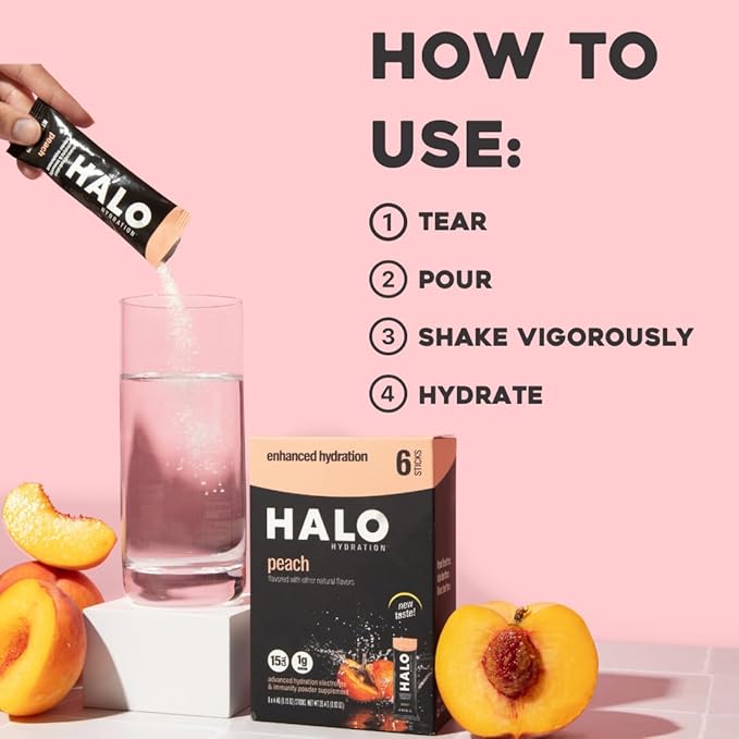 HALO Hydration - Electrolyte Drink Mix | Hydration Powder Packets | Peach Flavor– For Sports and Cycling | Easy Open Single Serving Stick | 12 Sticks