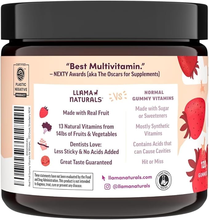 Llama Naturals Womens Multivitamin Gummy | Real Fruit, No Added Sugar Cane | Whole Food Vitamin Gummies | Organic, Vegan, Chewable | 120 ct | 30 Day Supply | Strawberry