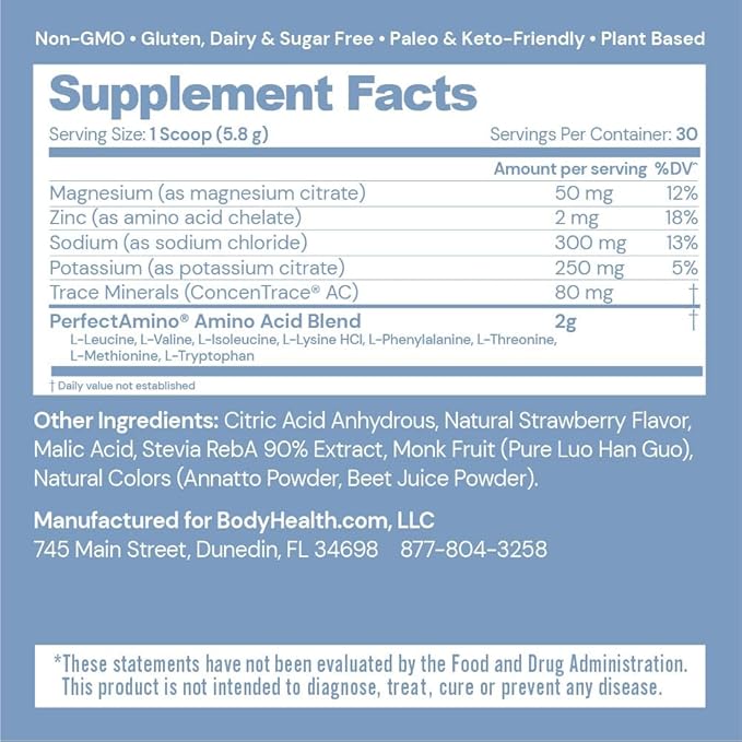 BodyHealth PerfectAmino Electrolytes Powder, Hydration Powder, Sugar Free Electrolyte Drink Mix, Keto Electrolytes Powder, Non GMO, Strawberry Flavor (30 Servings)