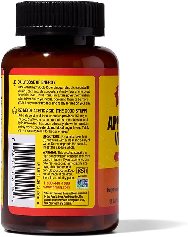 Bragg Energy Apple Cider Vinegar Capsules with B Vitamins - (2 Pack) 90 Capsules - Helps Generate Energy at Cellular Level