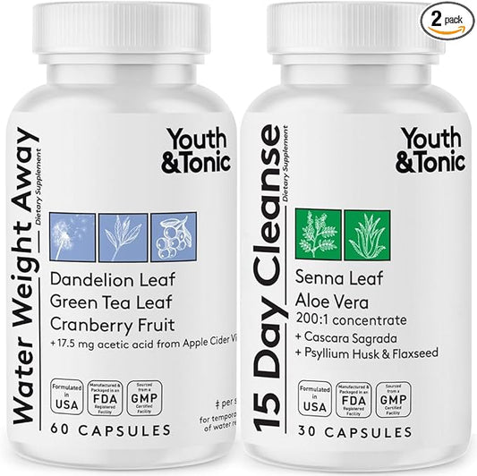 Youth & Tonic Jumpstart Cleanse – Water Weight Away Pills & 15 Day Colon Detox & Gut Cleanser for Bloating, Energy, and Metabolism Support – Aids in Shedding Excess Fluids for a Lighter Body – 90 Caps