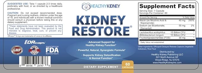 Kidney Restore Kidney Cleanse and Kidney Health Supplement to Support Normal Kidney Function, Vitamins for Kidney Health 60 caps