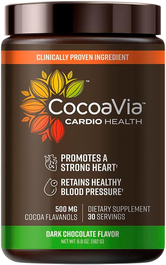 CocoaVia Cardio Health Cocoa Powder, 30 Servings, 500mg Cocoa Flavanols, Support Heart Health, Boost Nitric Oxide, Improve Circulation, Energy, Preworkout, Vegan, Dark Chocolate Cacao