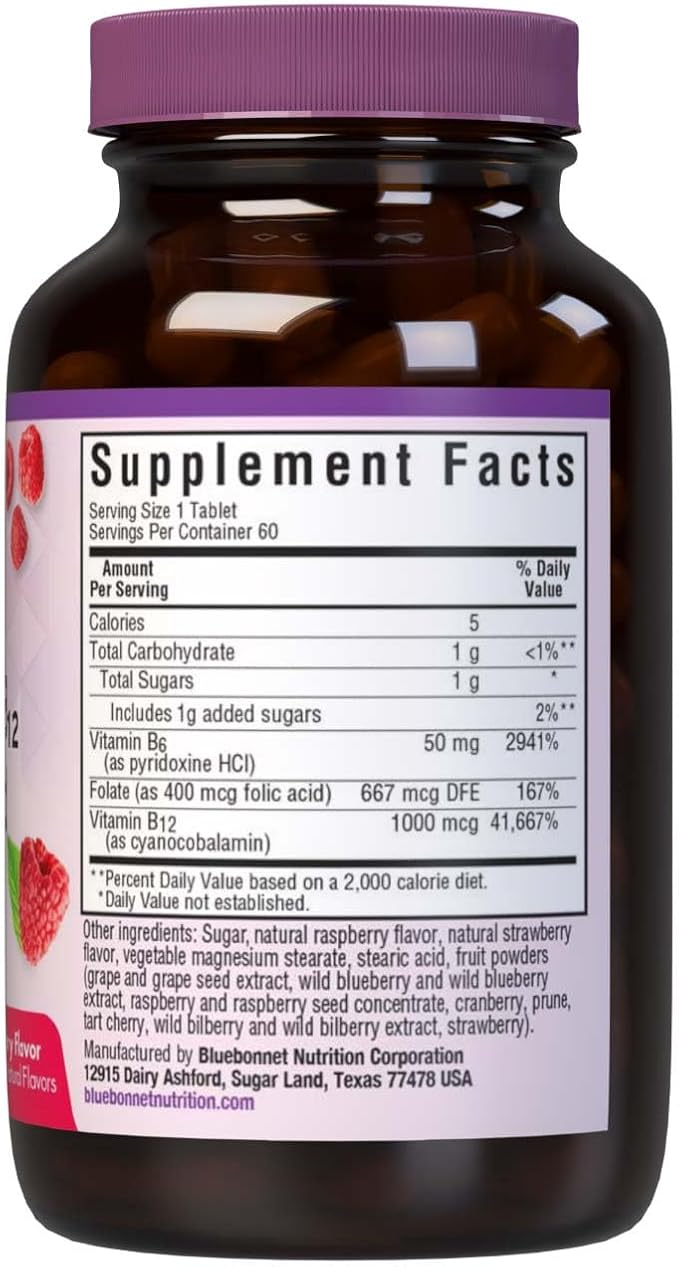 Bluebonnet Nutrition Earth Sweet Vitamin B6, B12, Plus Folic Acid Chewable Tablets, Vegan, Vegetarian, Gluten Free, Soy Free, Milk Free, Kosher, 60 Chewable Tablets, Raspberry Flavor