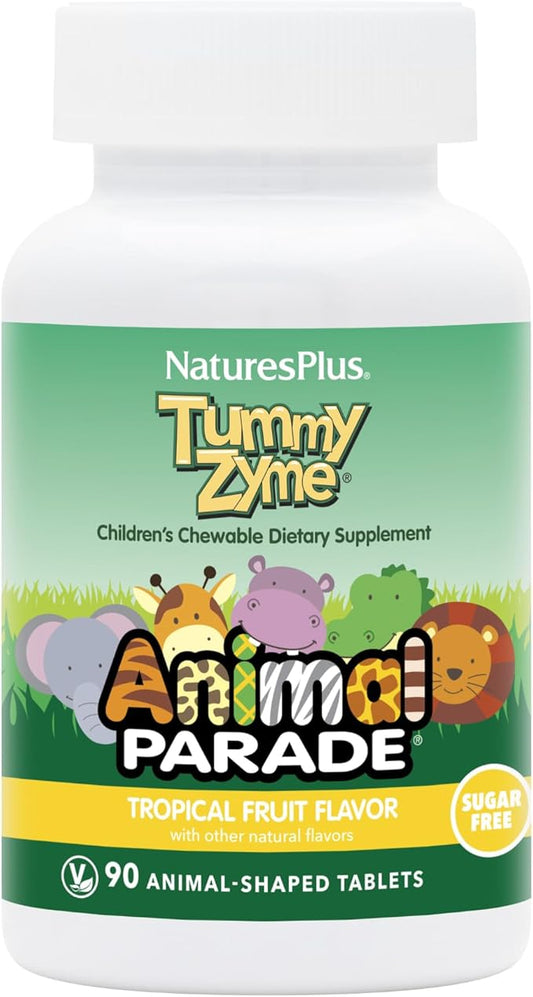Natures Plus Animal Parade Source of Life Children's Chewable Digestive Aid - Tropical Fruit Flavor - 90 Animal Shaped Tablets - Contains Live Probiotics - Vegetarian, Gluten-Free - 90 Servings