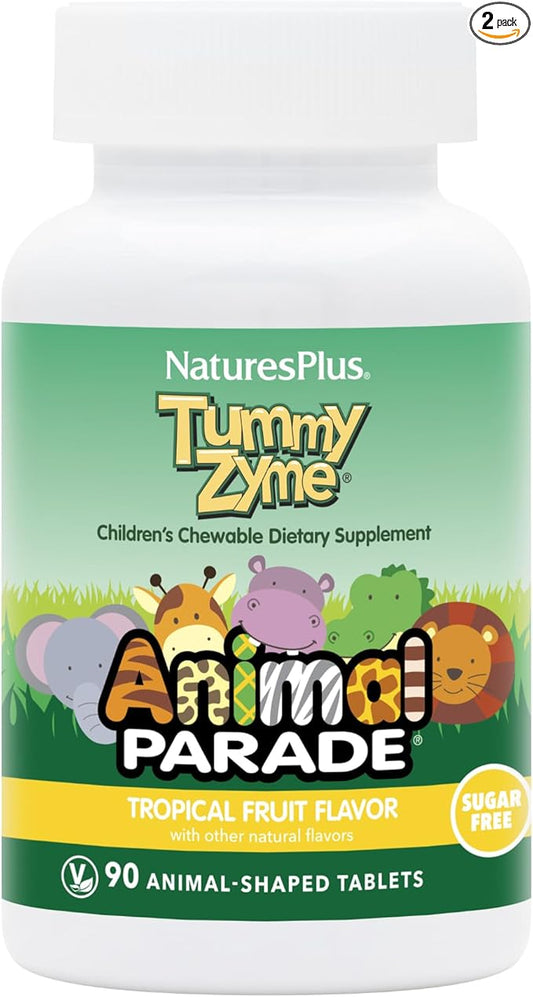 NaturesPlus Animal Parade Tummy Zyme, Tropical Fruit Flavor - 90 Animal-Shaped, Chewable Tablets - Pack of 2 - Digestive Aid & Probiotic - Vegetarian, Gluten Free - 180 Total Servings