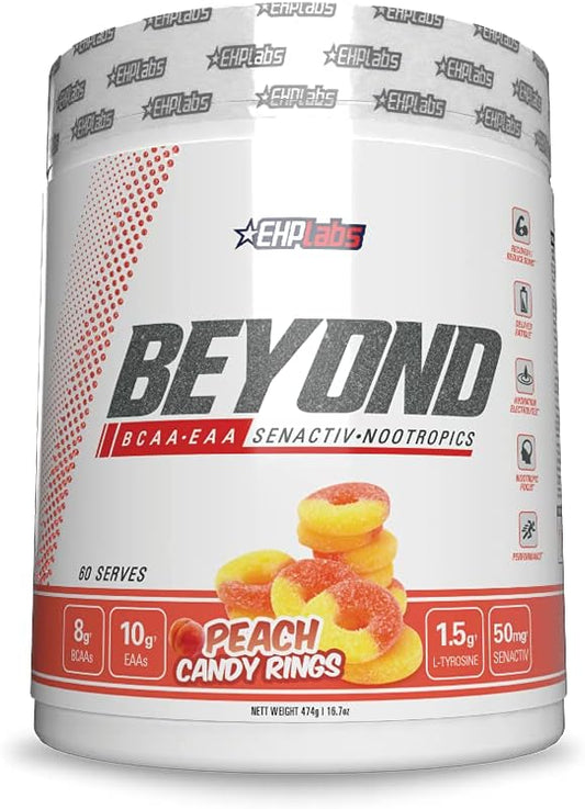 EHP Labs Beyond BCAA Powder Amino Acids Post Workout Recovery - BCAAs Essential Amino Acids EAA Supplements Powder - 10g Amino Acids Supplement for Muscle Recovery - 60 Servings (Peach Candy Rings)