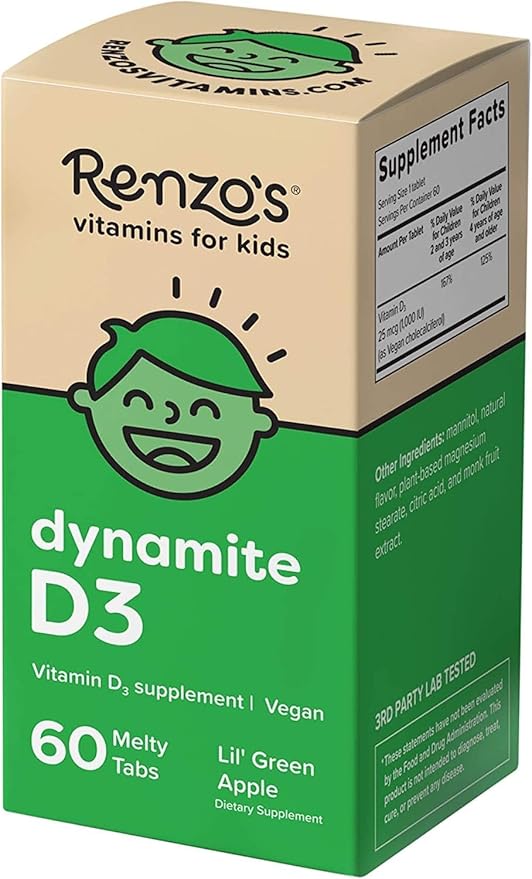 Renzo's Dynamite Vitamin D3 - Dissolving Kids Vitamin D3-60 Sugar-Free Melty Tabs, Lil’ Green Apple Flavored