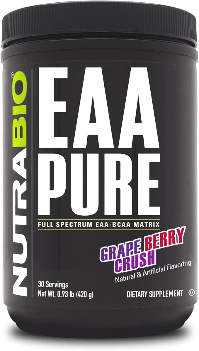 NutraBio – EAA Pure – 9 Amino Acids – Muscle Repair and Recovery, 30 Servings, Grape Berry Crush – Pre or Post Workout – All Day Recovery