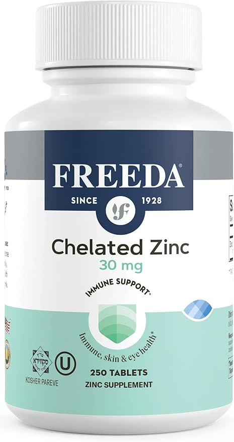 Freeda Chelated Zinc Supplement - Kosher 30 mg Zinc Chelate Zinc Tablets as Albion TRAACS Zinc Bisglycinate - Zinc Chelated for Adults - Pure Zinc 30mg - Zinc for Men & Women - (250 Tiny Tablets)