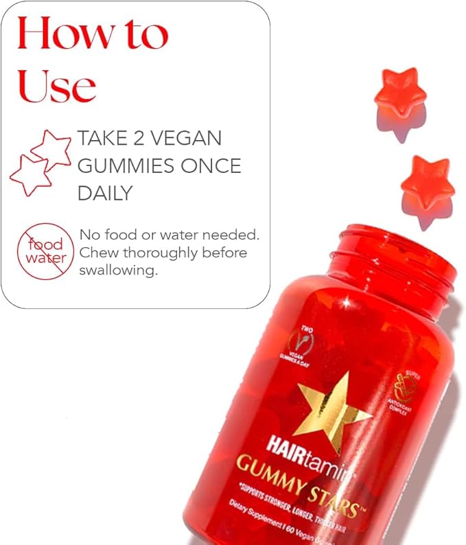 HAIRtamin Vegan Gummy Stars Hair Vitamins | Non-GMO | All Natural Biotin Hair Vitamin Gummies to Maintain Healthy Hair Skin & Nails | Multivitamin Supplement