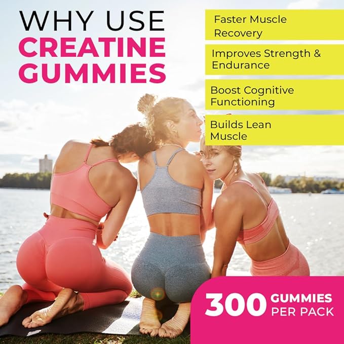 Creatine Gummies for Women, 5g - Creatine Monohydrate for Women - Workout Recovery, Muscle Toner, Boost Energy - Booty Gummies - Gluten Free, Vegan Creatine Chews Gummy, Cranberry Flavor (300)