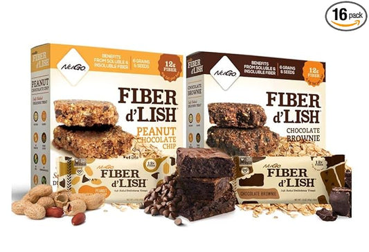NuGo Fiber D'lish Variety Chocolate Brownie & Peanut Chocolate Chip, 12g High Fiber, Vegan, 5 Bars Each, 10 Count
