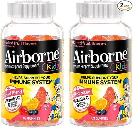 Airborne Kids 500mg Vitamin C Gummies, Kids Immune Support Zinc Gummies with Powerful Antioxidants VIT C & E - 63 Gummies, Assorted Fruit Flavor (Pack of 2)
