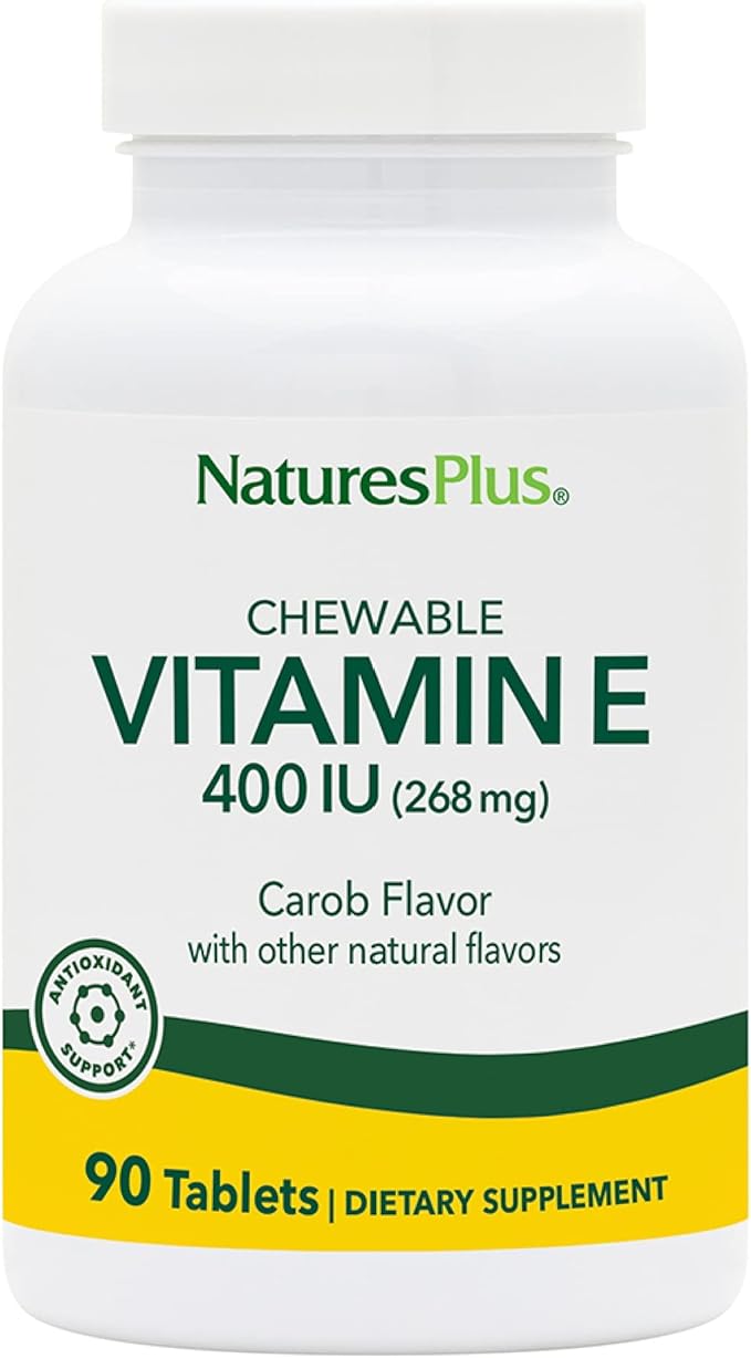NaturesPlus Vitamin E Chewable - 400 iu, 90 Vegetarian Tablets - Natural Carob Flavor - Healthy Cardiovascular Function, Free-Radical Defense & Overall Wellbeing - Gluten-Free - 90 Servings