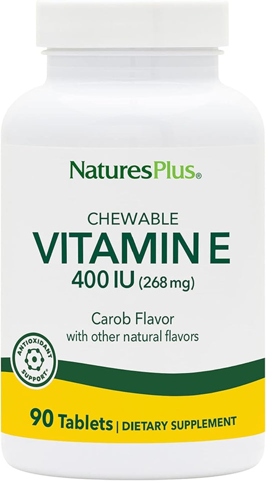 NaturesPlus Vitamin E Chewable - 400 iu, 90 Vegetarian Tablets - Natural Carob Flavor - Healthy Cardiovascular Function, Free-Radical Defense & Overall Wellbeing - Gluten-Free - 90 Servings
