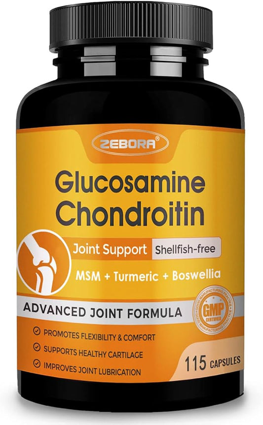 ZEBORA Glucosamine Chondroitin with Turmeric & MSM Joint Support Supplement, Glucosamine Sulfate with Boswellia for Joint Health & Relief, 115 Capsules