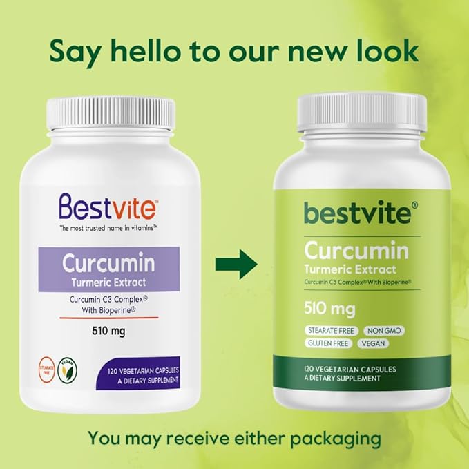 BESTVITE Curcumin 510mg (Turmeric)(240 Vegetarian Capsules) (120 x 2) with Curcumin C3 Complex & Bioperine - Standardized to 95% Curcuminoids - No Stearates - Vegan - Non GMO - Gluten Free
