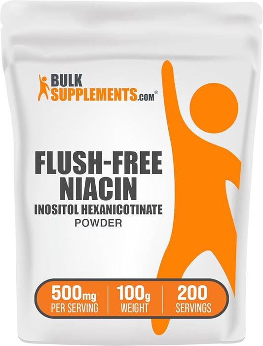 BulkSupplements.com Flush Free Niacin Powder - as Inositol Hexanicotinate, Vitamin B3 Supplement, Niacin 500mg Flush Free - Gluten Free, 500mg of per Serving, 100g (3.5 oz) (Pack of 1)