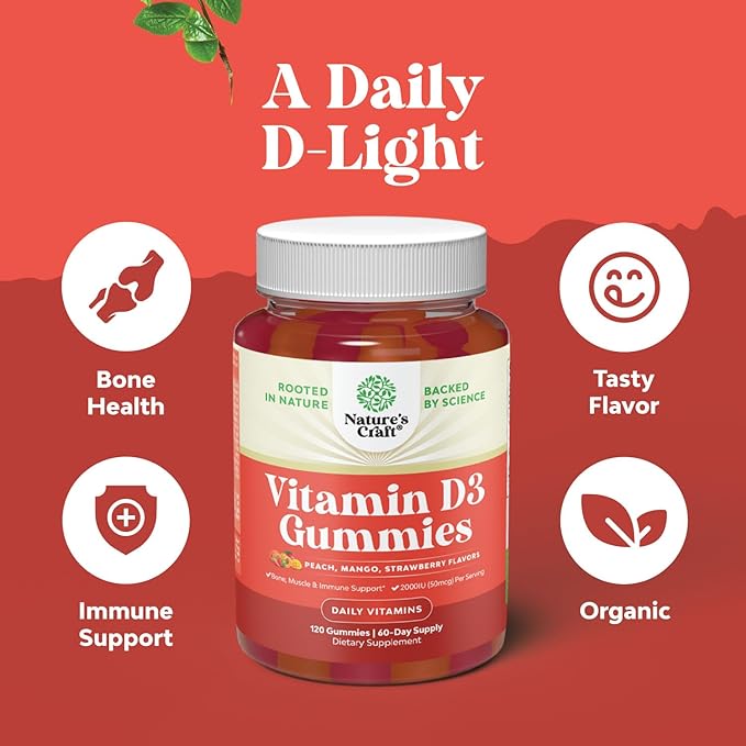 Vitamin D3 Gummies for Daily Wellness - Delicious Vitamin D Gummies for Adults with Vitamin D3 2000IU per Serving for Bone Muscle & Immune Support - Non-GMO Gelatin & Gluten Free (60 Day Supply)