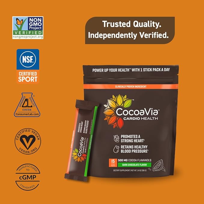 CocoaVia Cardio Health Cocoa Powder, 15 Single Serve Sticks, 500mg Cocoa Flavanols, Support Heart Health, Boost Nitric Oxide, Improve Circulation, Energy, Preworkout, Travel-Friendly, Vegan, Cacao
