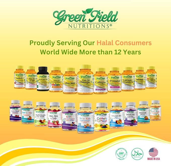 Greenfield Nutritions Smart Kids Halal Omega 3 Gummies with DHA - 60 Halal Vitamins for Kids, Supports Brain & Immune Health - Vegan, Non-GMO, Gluten, Gelatin-Free and Peanut-Free Halal Gummy Vitamins