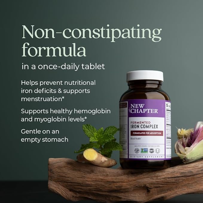 New Chapter Iron Supplement, Whole-Food Fermented Iron Complex Made with Organic Vegetables & Herbs + One Daily Non-Constipating Dose- 90ct, 3 Month Supply