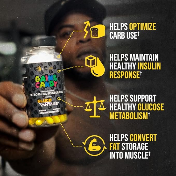ALPHA LION Gains Candy, Supplement Pills That Support Weight Loss, Muscle Building, Decrease Body Fat, Upgrade Energy & Workout Performance, 60 Capsules (DHB Berberine-GlucoVantage®)