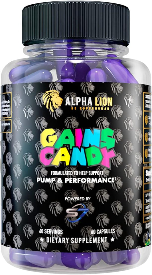 ALPHA LION Gains Candy, Supplement Pills for Muscle Pump & Blood Flow, Nitric Oxide Booster, Supports Mental Focus, Use Daily to Upgrade Workout Performance, 60 Capsules (S7)