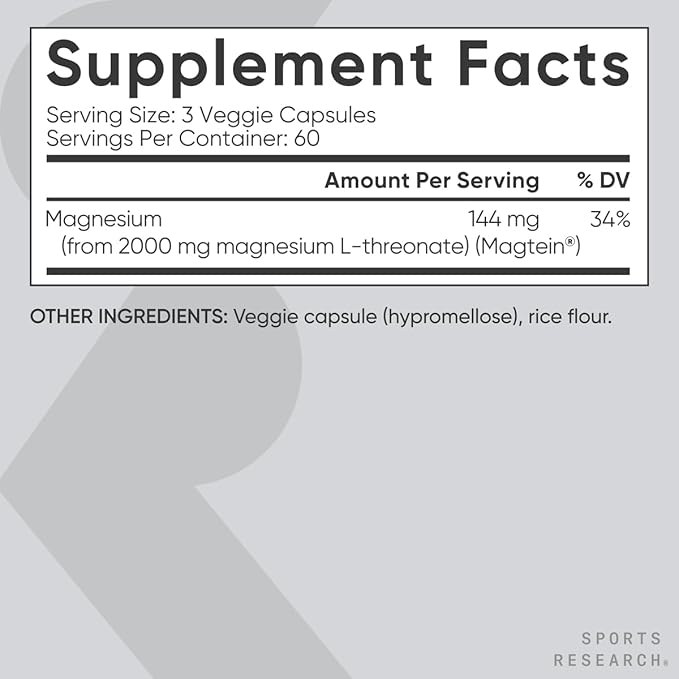 Sports Research Magtein Magnesium L-Threonate Capsules - Magnesium Supplement for Memory, Focus & Cognition - Magnesium L Threonate Supports Brain Health, Sleep & Mood- 2000mg, 180 Capsules for Adults